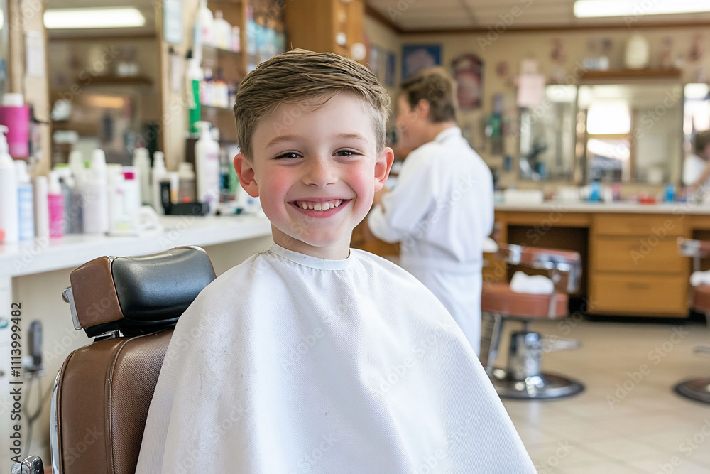 Young boy smiling in a barber shop, ready for a haircut. Young boy smiling in a barber shop, ready for a haircut.