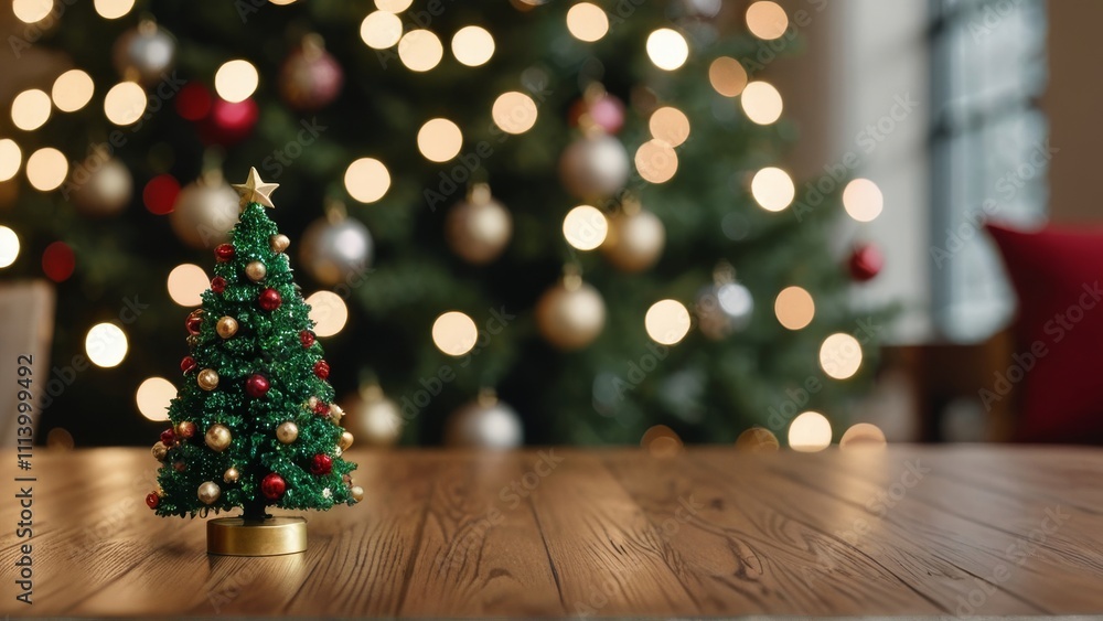 a wooden table in the foreground and a beautifully lit Christmas tree in the background. The bokeh effect from the Christmas lights creates a magical and festive atmosphere. adding a touch of holiday a wooden table in the foreground and a beautifully lit Christmas tree in the background. The bokeh effect from the Christmas lights creates a magical and festive atmosphere. adding a touch of holiday