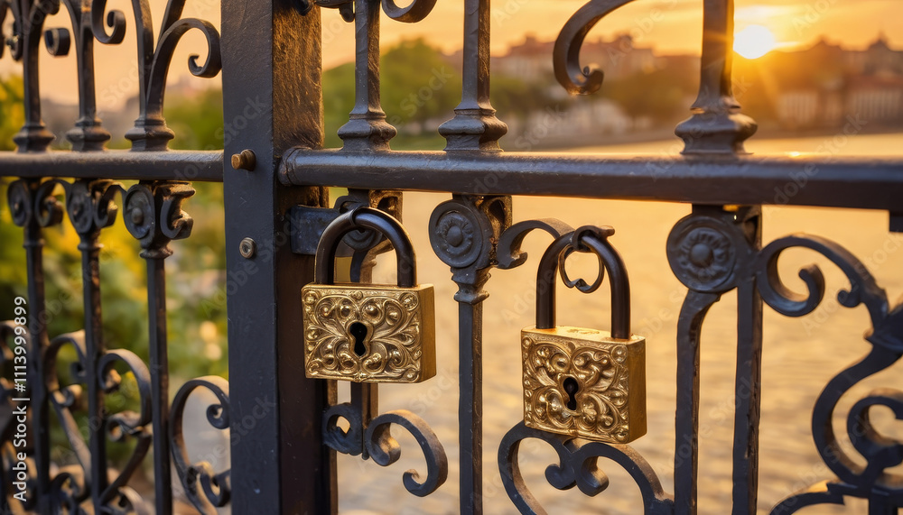 Beautiful golden love locks on ornate bridge railing during sunset by the river Beautiful golden love locks on ornate bridge railing during sunset by the river