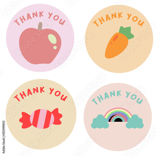 thank you sticker, circle thank you sticker, thank you kawai, set of cute thank you card