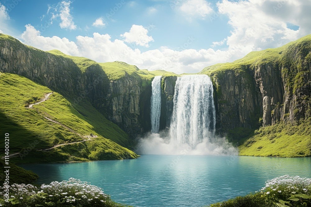 Fototapeta premium Majestic waterfall cascading into a serene lake surrounded by lush green hills