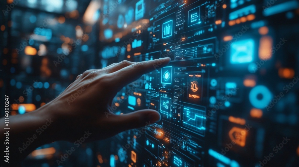 Futuristic hand touching a digital network interface, symbolizing AI, technology, and innovation in the era of intelligent computing. Futuristic hand touching a digital network interface, symbolizing AI, technology, and innovation in the era of intelligent computing.