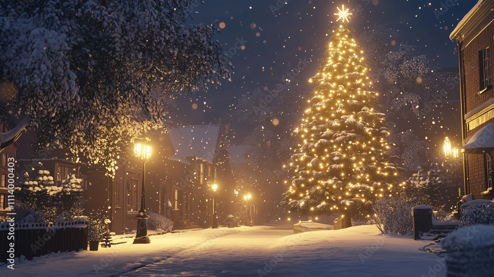 雪に包まれた街と輝くクリスマスツリー