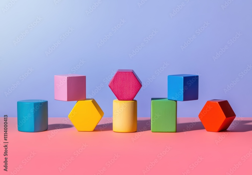 Obraz premium カラフルな形状ブロックが並ぶ遊びの風景と創造力の瞬間