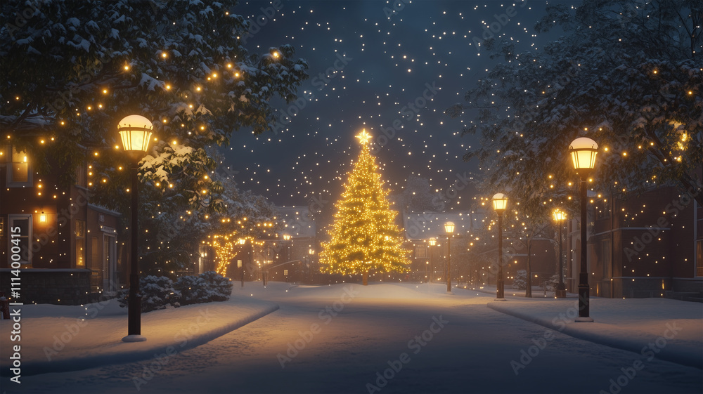 雪に包まれた街と輝くクリスマスツリー 雪に包まれた街と輝くクリスマスツリー