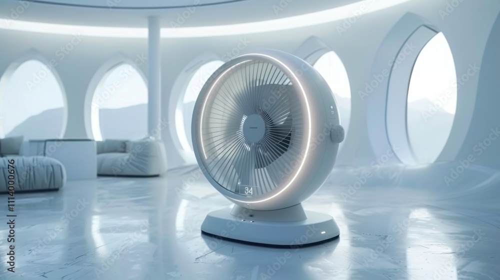 A modern fan in a bright, minimalist room with large windows and a serene atmosphere. A modern fan in a bright, minimalist room with large windows and a serene atmosphere.