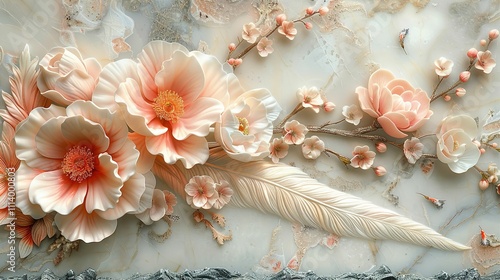 Set of three art posters with pink cherry blossoms, feather on a metallic and marble background