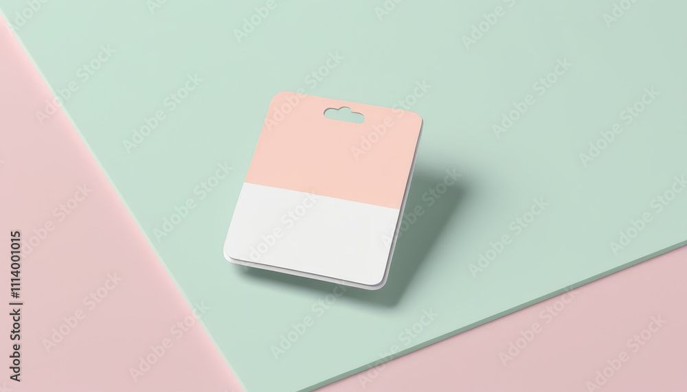 Colored office keycard with a pink and white design on pastel background for identification purposes Colored office keycard with a pink and white design on pastel background for identification purposes
