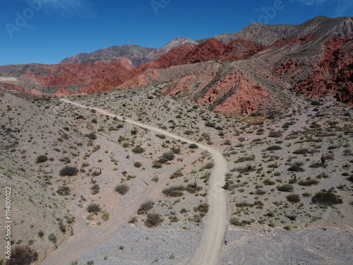 Aerial view of a road on the mountains in Uquia, Jujuy. Near Quebrada de las Señoritas.