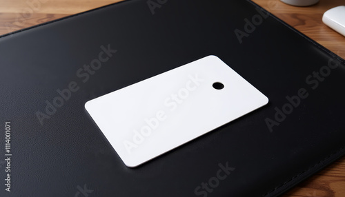 White office keycard with a hole on a black textured surface for identification purposes photo