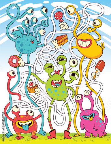 Children logic game to pass the maze. Find candy for the monster. Educational game for kids. Choose right path. Colorful cartoon characters. Funny vector illustration. Worksheet page
