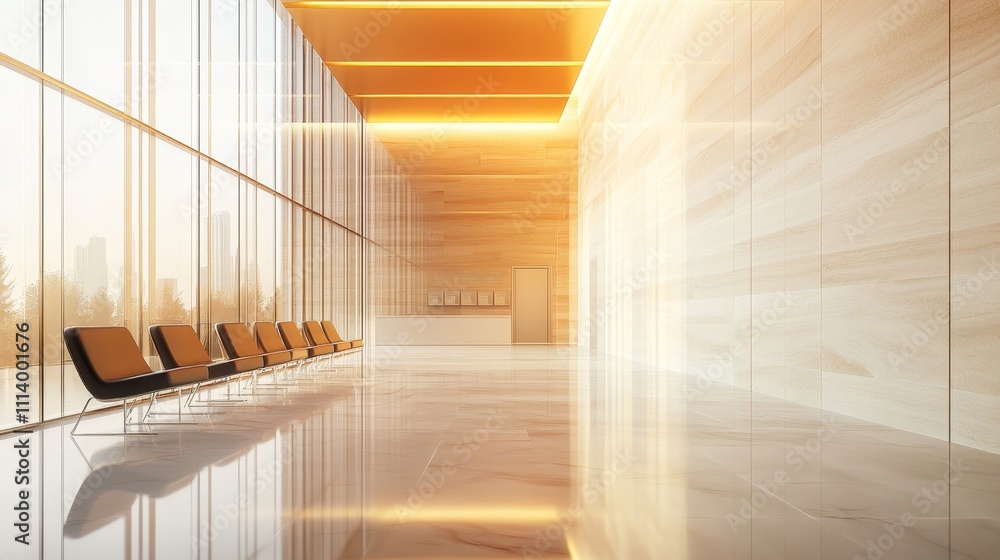 Obraz premium A modern, minimalist waiting area with sleek chair and warm lighting.
