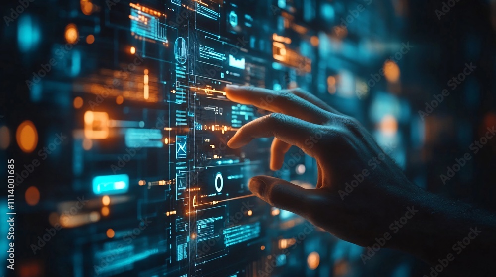 Futuristic hand touching a digital network interface, symbolizing AI, technology, and innovation in the era of intelligent computing. Futuristic hand touching a digital network interface, symbolizing AI, technology, and innovation in the era of intelligent computing.