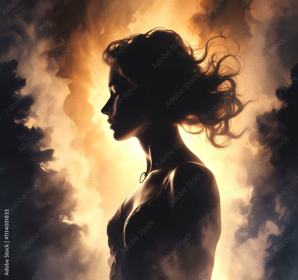 Illustration of woman silhouette with dramatic glowing background. Illustration of woman silhouette with dramatic glowing background.