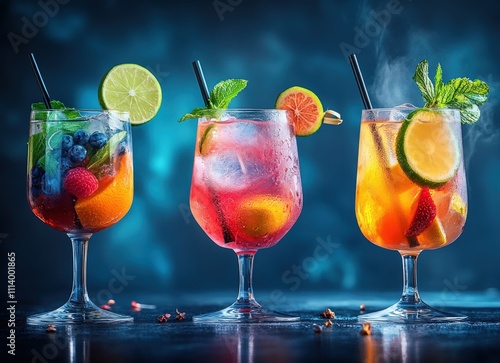 Three refreshing fruit cocktails, garnished with mint and citrus, displayed on a dark background.  Perfect for summer menus, bars, and beverage promotions. photo