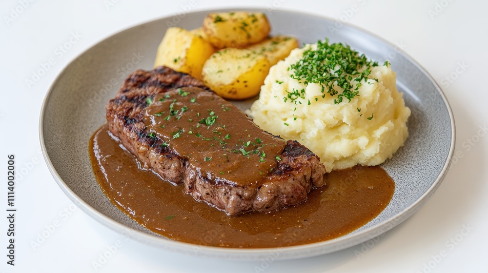 Gastronomic Pleasure Juicy Steak in Brown Sauce on White Background Gastronomic Pleasure Juicy Steak in Brown Sauce on White Background