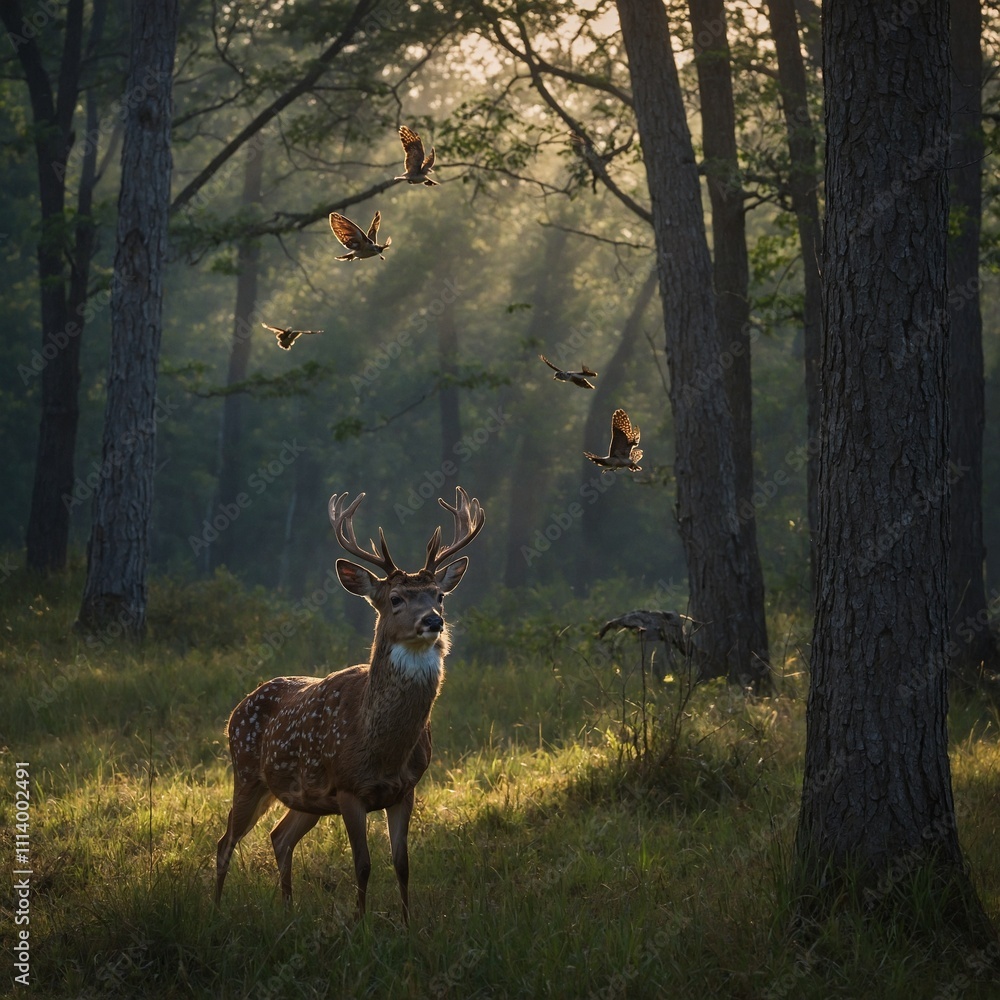 A deer startled by an owl flying overhead. A deer startled by an owl flying overhead.