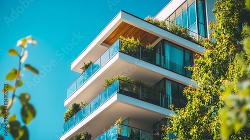 A modern apartment building with balconies adorned in greenery, set against a clear blue sky, showcasing architectural elegance and urban living.