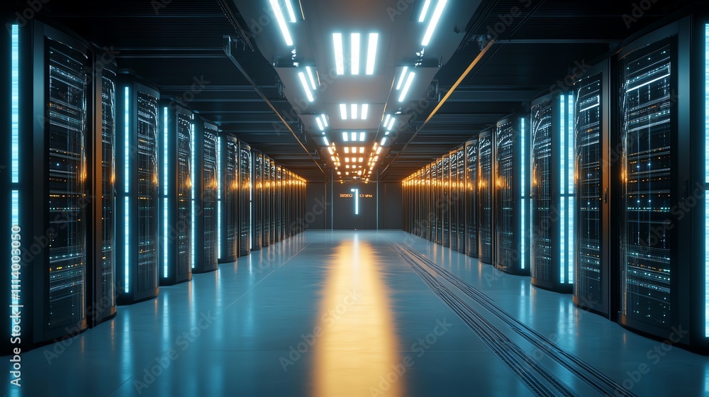 Fototapeta premium A rendering of a data center with rows of server racks lit with bright, blue lights.