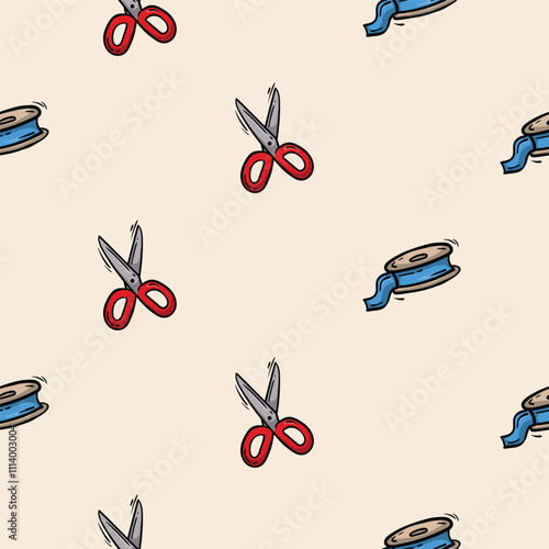 Seamless pattern with scissors and tape. Vector background associated with handmade, needlework. Design for decorations, wrapping paper, print