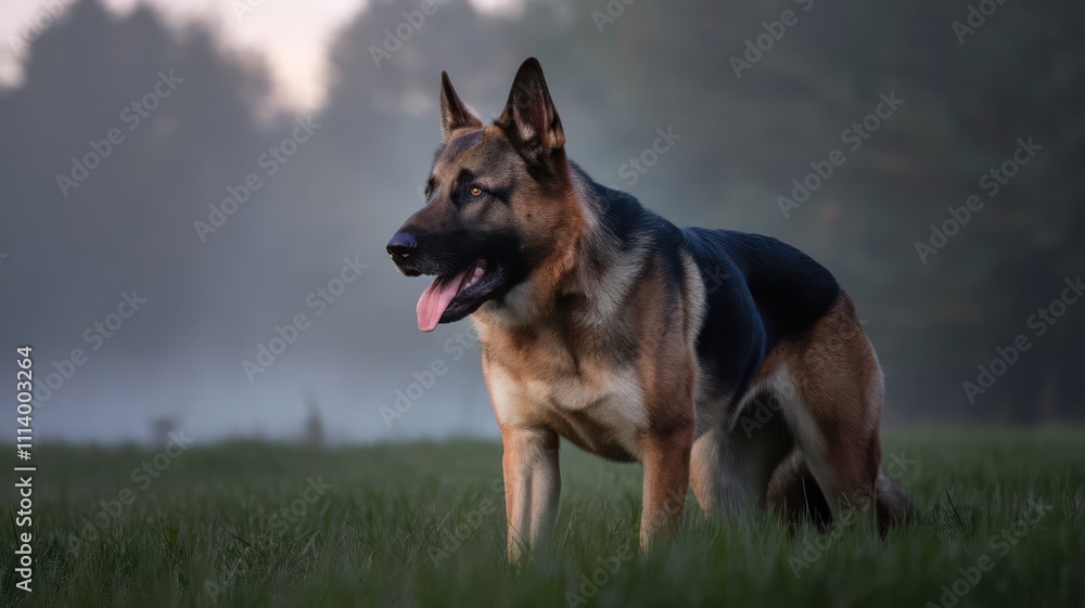 German Shepherd standing alert in evening light German Shepherd standing alert in evening light
