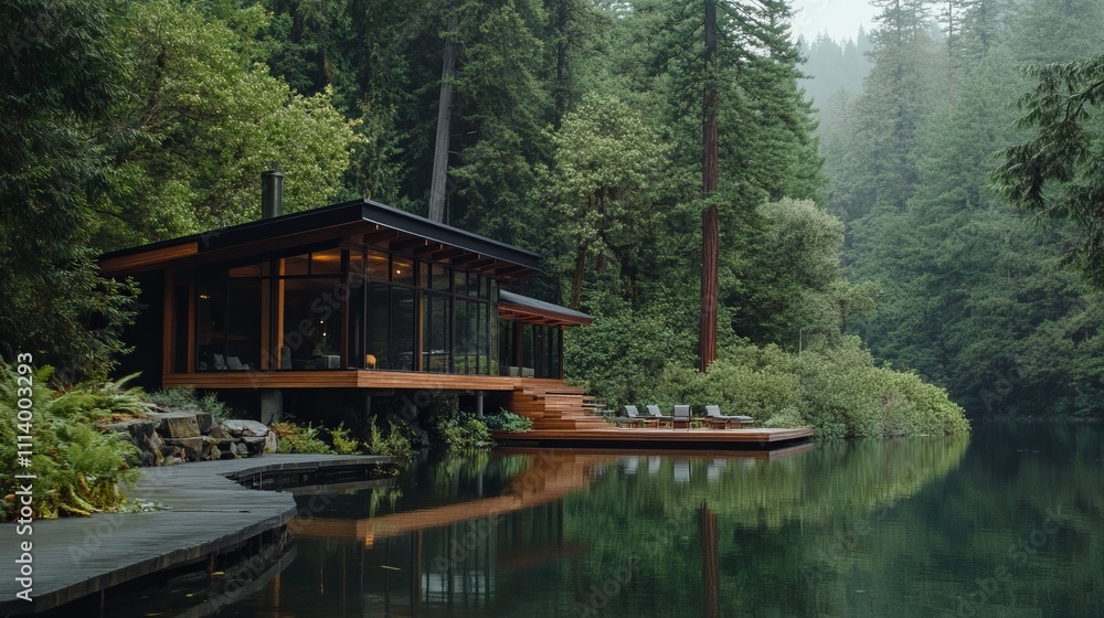 Serene Modern Cabin Nestled Amongst Lush Forest by a Sparkling Lake. Exquisite Architectural Design and Nature's Embrace. Serene Modern Cabin Nestled Amongst Lush Forest by a Sparkling Lake. Exquisite Architectural Design and Nature's Embrace.