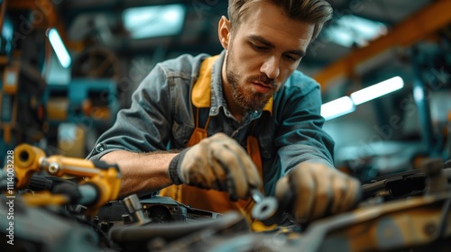 Handsome mechanic focused on a vehicle repair with a ratchet in a well-maintained, clean workshop