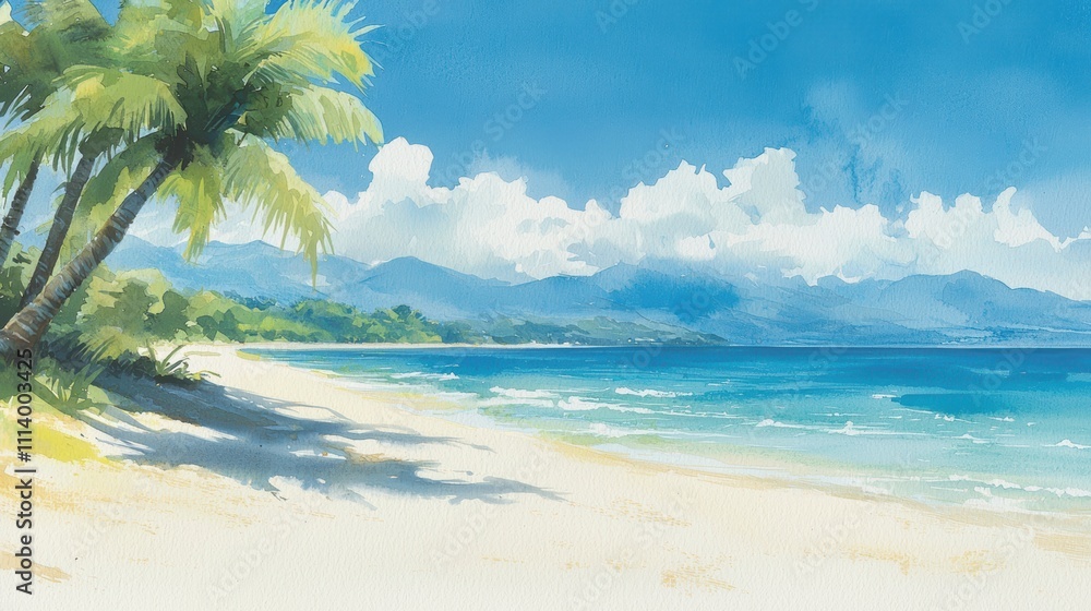 Vibrant Tropical Beach with Gentle Waves and Lush Palm Trees under Bright Blue Sky Vibrant Tropical Beach with Gentle Waves and Lush Palm Trees under Bright Blue Sky