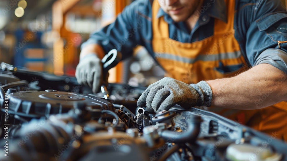 Handsome mechanic focused on a vehicle repair with a ratchet in a well-maintained, clean workshop Handsome mechanic focused on a vehicle repair with a ratchet in a well-maintained, clean workshop