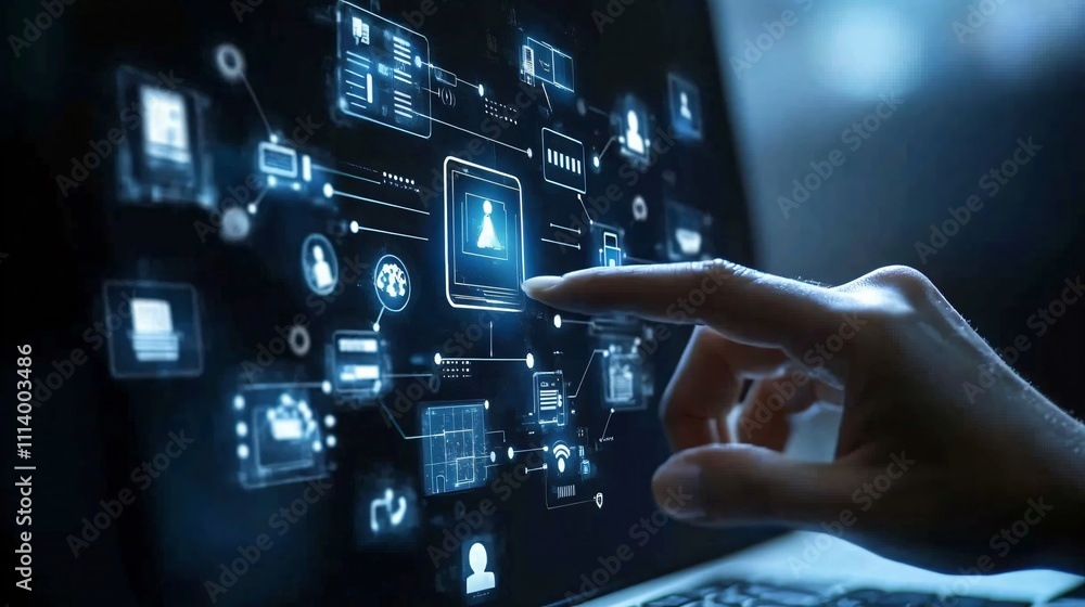 Futuristic hand touching a digital network interface, symbolizing AI, technology, and innovation in the era of intelligent computing. Futuristic hand touching a digital network interface, symbolizing AI, technology, and innovation in the era of intelligent computing.