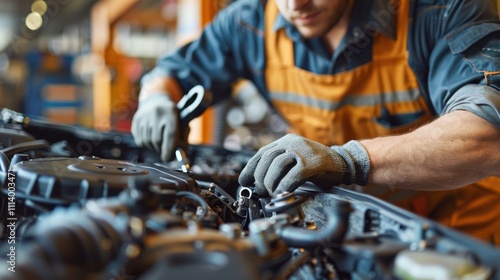 Handsome mechanic focused on a vehicle repair with a ratchet in a well-maintained, clean workshop