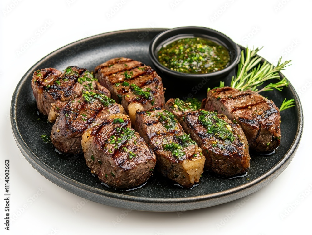 Sizzling Seared Sirloin Steak with Chimichurri Sauce on White Background Top View Culinary Delight Food Photography Gourmet Presentation Sizzling Seared Sirloin Steak with Chimichurri Sauce on White Background Top View Culinary Delight Food Photography Gourmet Presentation