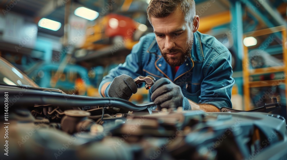 Handsome mechanic focused on a vehicle repair with a ratchet in a well-maintained, clean workshop Handsome mechanic focused on a vehicle repair with a ratchet in a well-maintained, clean workshop