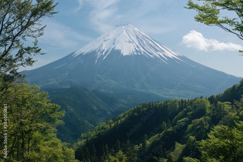 Majestic view of snow-capped mountain under clear blue sky surrounded by green forest Majestic view of snow-capped mountain under clear blue sky surrounded by green forest
