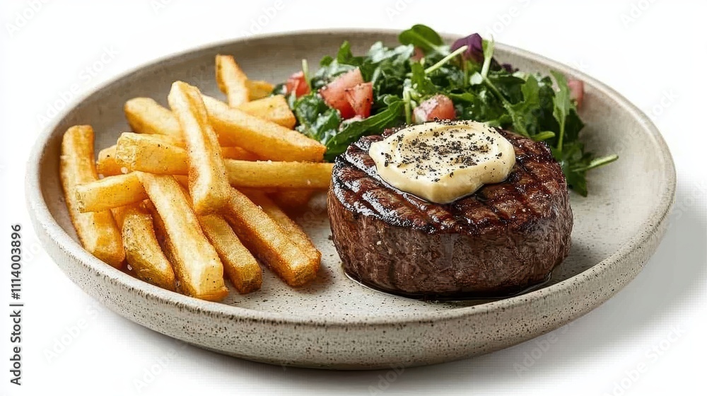 Savoring Steak with Truffle Butter on Rustic Clay Plate White Background Culinary Delight Gourmet Experience Food Styling Savoring Steak with Truffle Butter on Rustic Clay Plate White Background Culinary Delight Gourmet Experience Food Styling