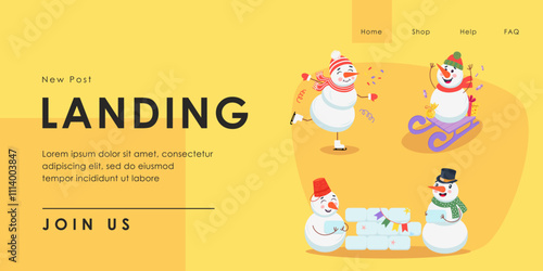 Snowmen skating and sledging vector illustration. Cartoon drawing of New Year and winter symbol. Landing page template. New Year, winter, celebration concept