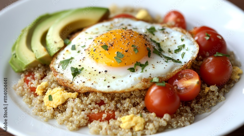 Delicious Quinoa Bowl with Fried Egg, Avocado, and Cherry Tomatoes Delicious Quinoa Bowl with Fried Egg, Avocado, and Cherry Tomatoes