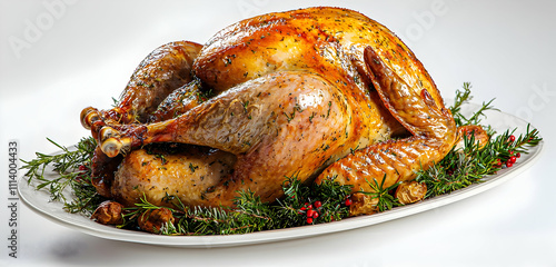 A roasted turkey, perfectly cooked and golden brown, presented against a white background, evoking a sense of holiday indulgence and joy. photo