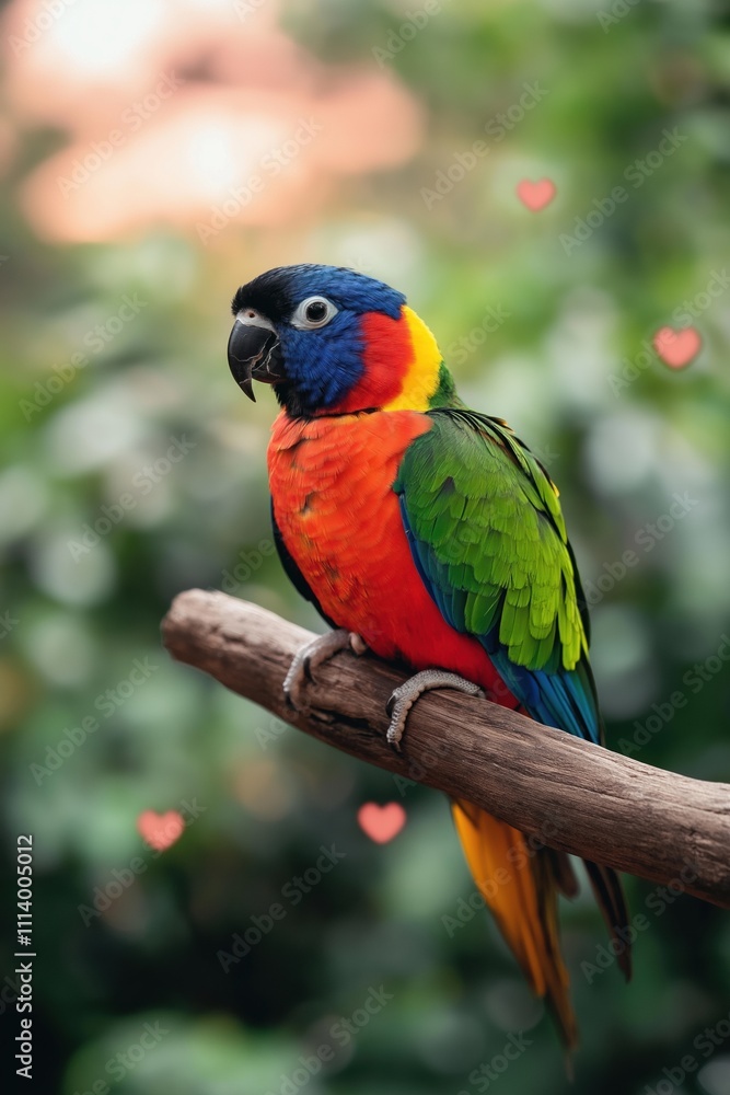 A colorful parrot is perched on a branch. The bird is surrounded by hearts, which suggests that it is a symbol of love or affection A colorful parrot is perched on a branch. The bird is surrounded by hearts, which suggests that it is a symbol of love or affection