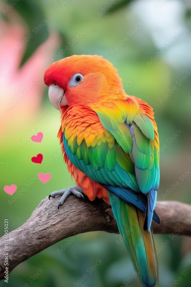 Obraz premium A colorful parrot is perched on a branch with a heart on its chest. The heart is surrounded by other hearts, creating a heartwarming scene