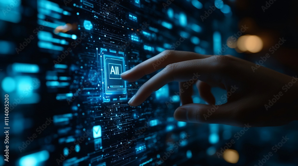 custom made wallpaper toronto digitalFuturistic hand touching a digital network interface, symbolizing AI, technology, and innovation in the era of intelligent computing.