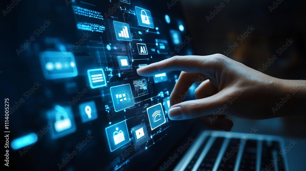 Futuristic hand touching a digital network interface, symbolizing AI, technology, and innovation in the era of intelligent computing. Futuristic hand touching a digital network interface, symbolizing AI, technology, and innovation in the era of intelligent computing.