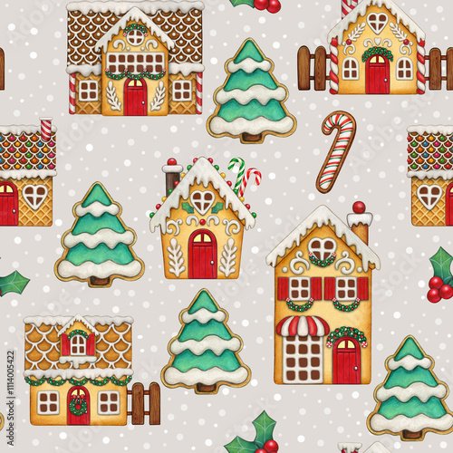 Watercolor hand drawn gingerbread houses pattern