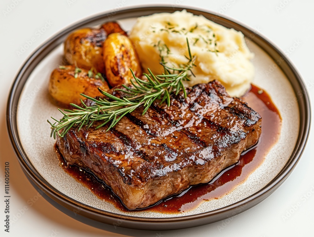Elegant Steak Dinner Presentation on White Background Gourmet Delight on a Matte Gold Metallic Plate Elegant Steak Dinner Presentation on White Background Gourmet Delight on a Matte Gold Metallic Plate