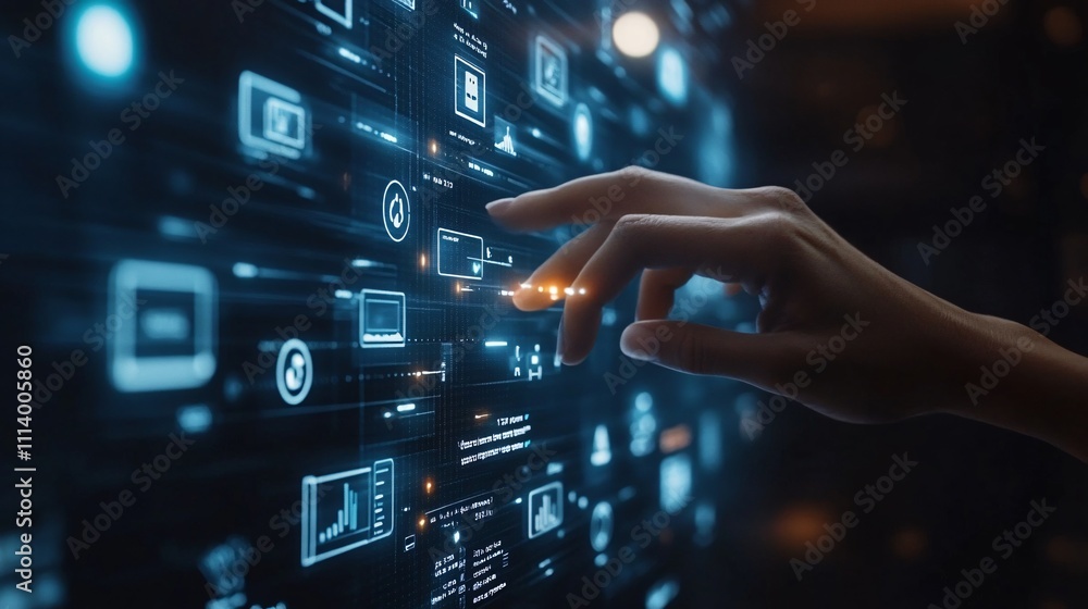 Futuristic hand touching a digital network interface, symbolizing AI, technology, and innovation in the era of intelligent computing. Futuristic hand touching a digital network interface, symbolizing AI, technology, and innovation in the era of intelligent computing.