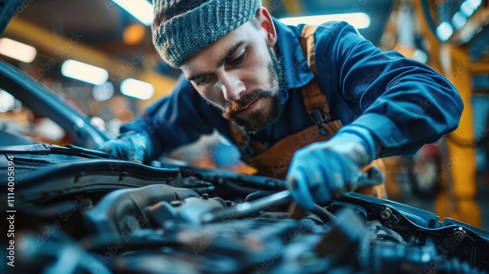 Handsome mechanic focused on a vehicle repair with a ratchet in a well-maintained, clean workshop Handsome mechanic focused on a vehicle repair with a ratchet in a well-maintained, clean workshop