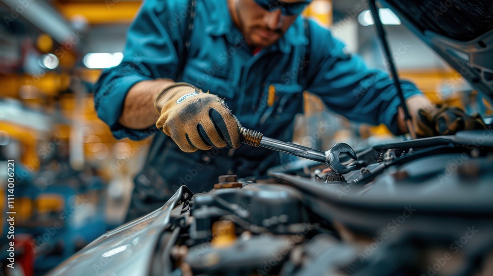 Handsome mechanic focused on a vehicle repair with a ratchet in a well-maintained, clean workshop Handsome mechanic focused on a vehicle repair with a ratchet in a well-maintained, clean workshop