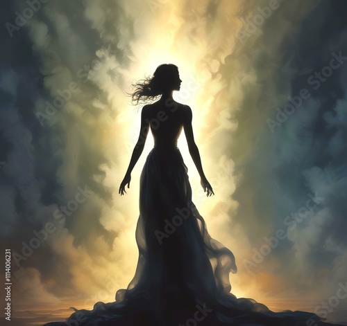Illustration of woman silhouette with dramatic glowing background.