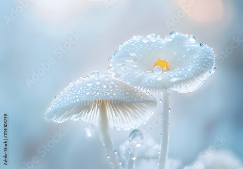 Snow Mushroom Extract, Delicate white snow mushrooms with dew drops