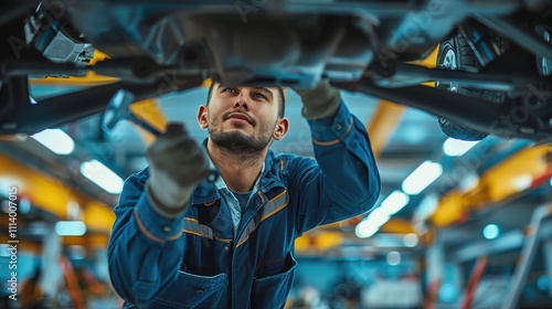 Wallpaper Mural Handsome mechanic focused on a vehicle repair with a ratchet in a well-maintained, clean workshop Torontodigital.ca